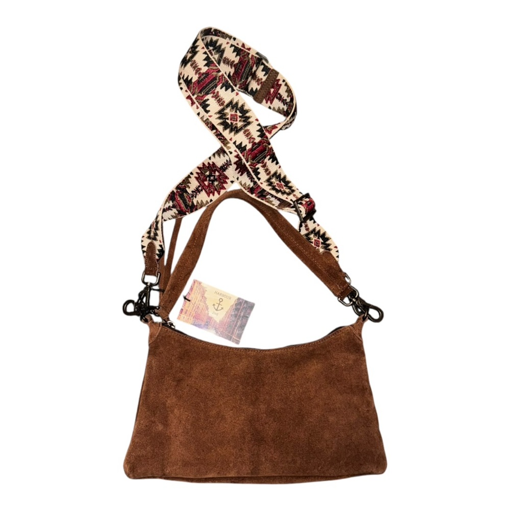 HARBOUR 2ND Brown Suede Crossbody Bag with Patterned Strap NWT